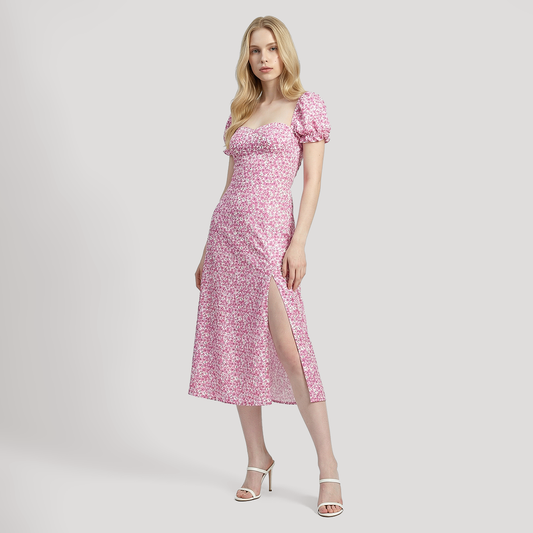 Vacation Midi A-Line Chiffon Romantic Floral Slit Dress - MYTHSIS