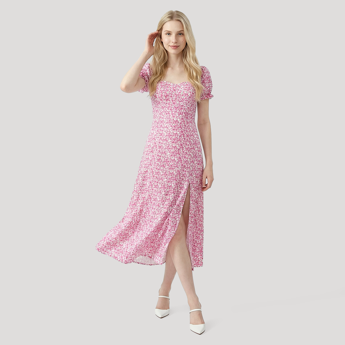 Vacation Midi A-Line Chiffon Romantic Floral Slit Dress - MYTHSIS