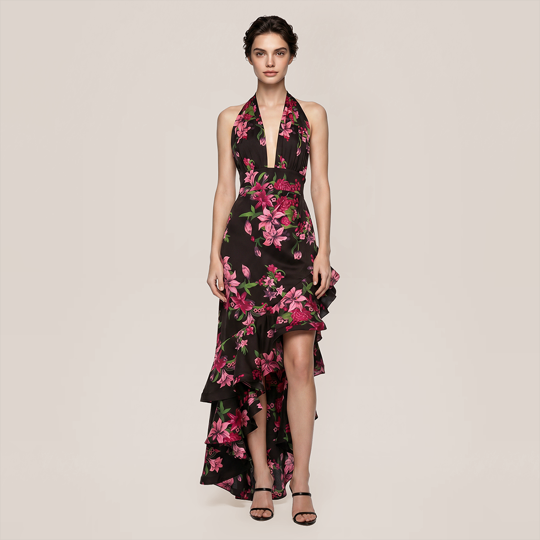 【Vacation】 Midi Irregular Polyester Sexy Halter Neck Print Backless Dress - MYTHSIS