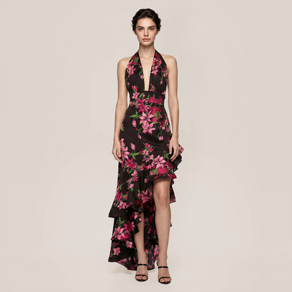 【Vacation】 Midi Irregular Polyester Sexy Halter Neck Print Backless Dress - MYTHSIS
