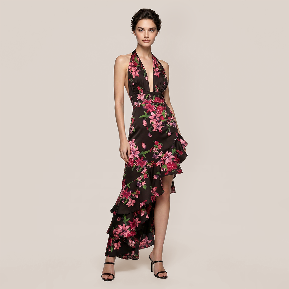 【Vacation】 Midi Irregular Polyester Sexy Halter Neck Print Backless Dress - MYTHSIS