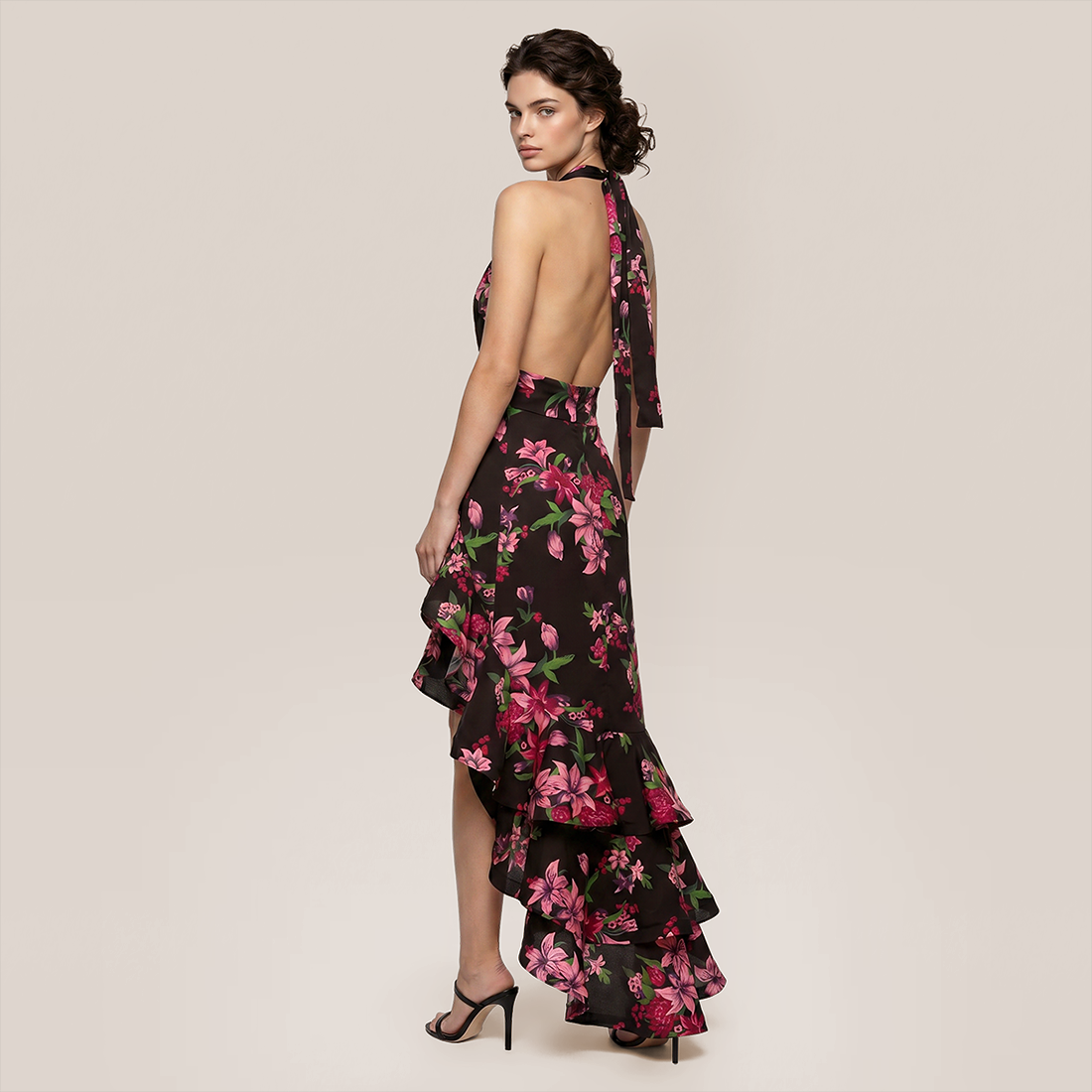 【Vacation】 Midi Irregular Polyester Sexy Halter Neck Print Backless Dress - MYTHSIS