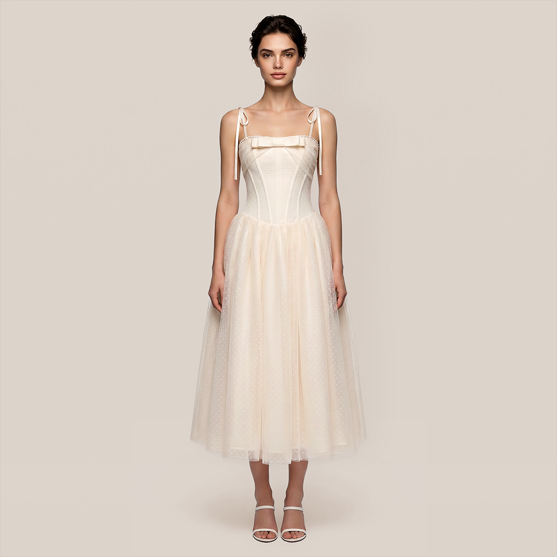 Wedding Guest Midi A-Line Mesh Elegant Spaghetti Strap Dress - MYTHSIS