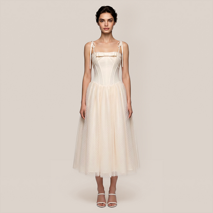 Wedding Guest Midi A-Line Mesh Elegant Spaghetti Strap Dress - MYTHSIS