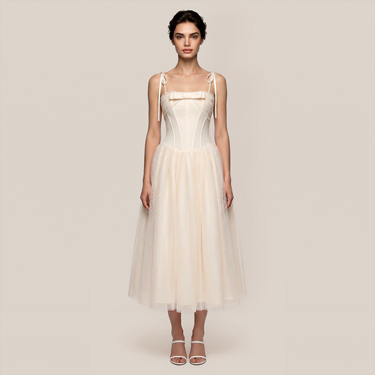 Wedding Guest Midi A-Line Mesh Elegant Spaghetti Strap Dress - MYTHSIS