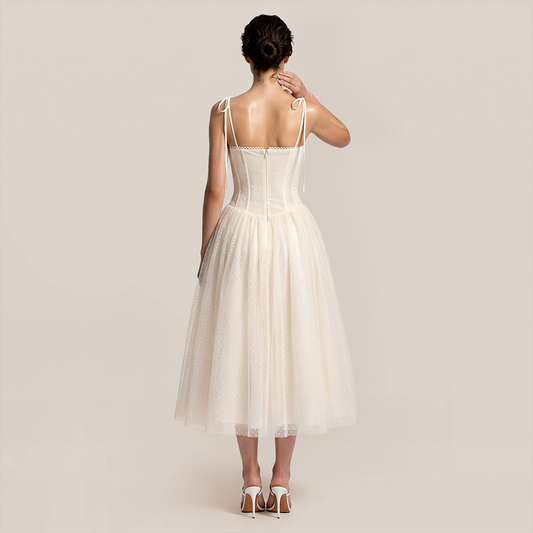Wedding Guest Midi A-Line Mesh Elegant Spaghetti Strap Dress - MYTHSIS