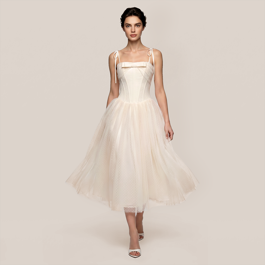 【Wedding Guest】 Mini A-Line Mesh Chic Spaghetti Strap Embroidered Bow Dress - MYTHSIS
