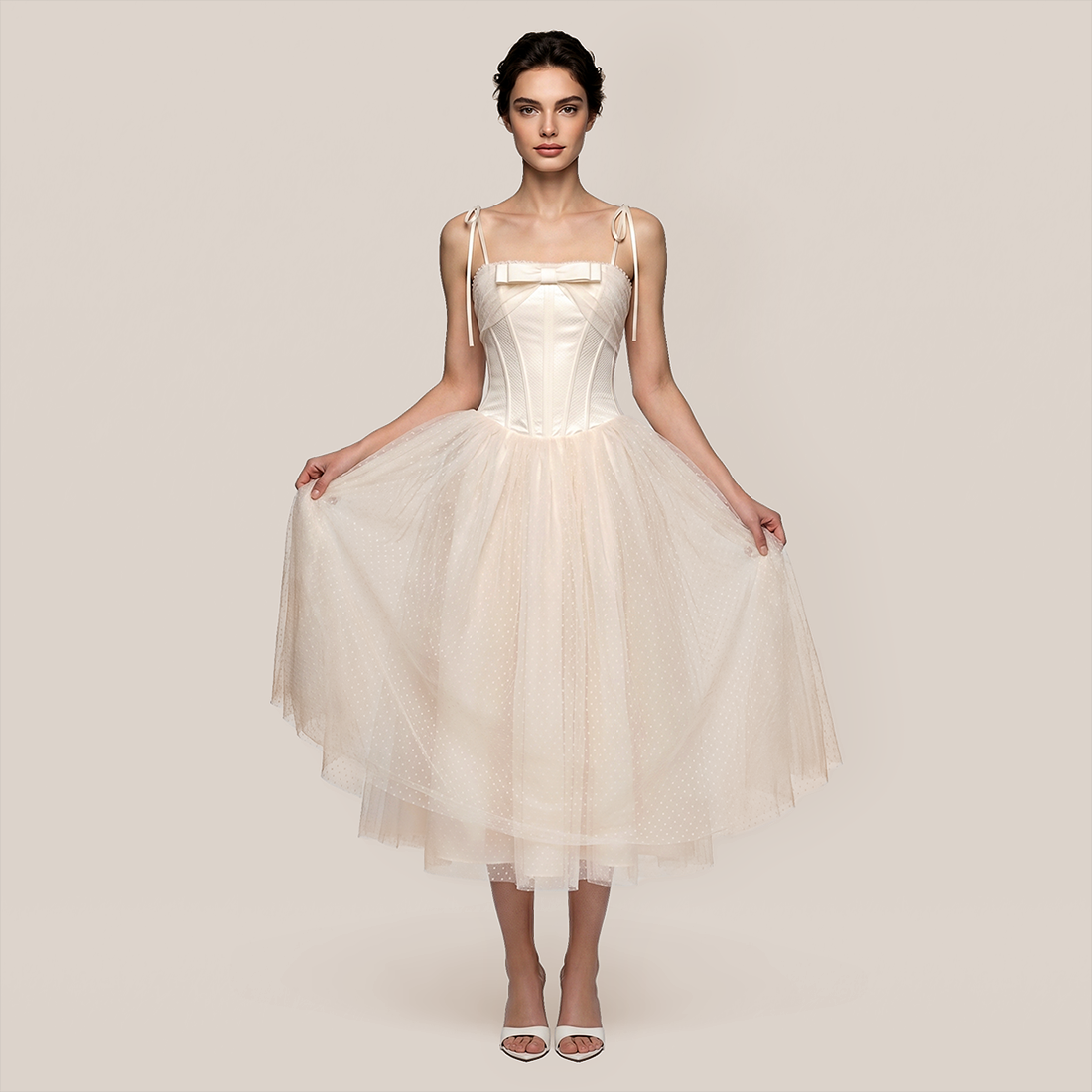 【Wedding Guest】 Mini A-Line Mesh Chic Spaghetti Strap Embroidered Bow Dress - MYTHSIS