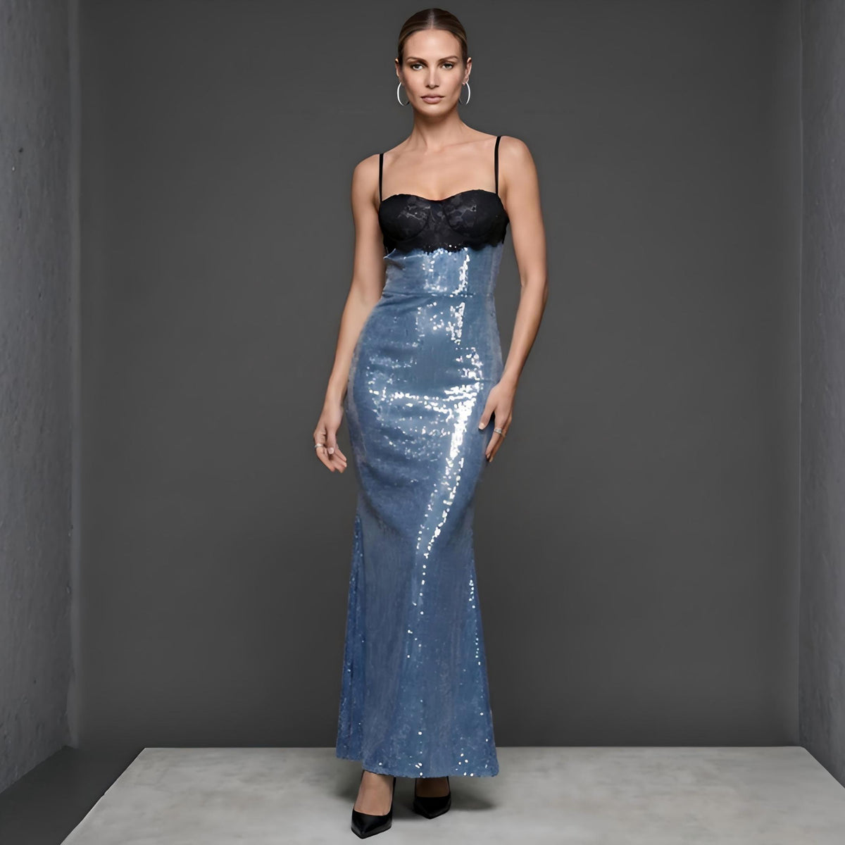 Wholesale Women's Lace-Panel Sequin Spaghetti-Strap Maxi Dress
