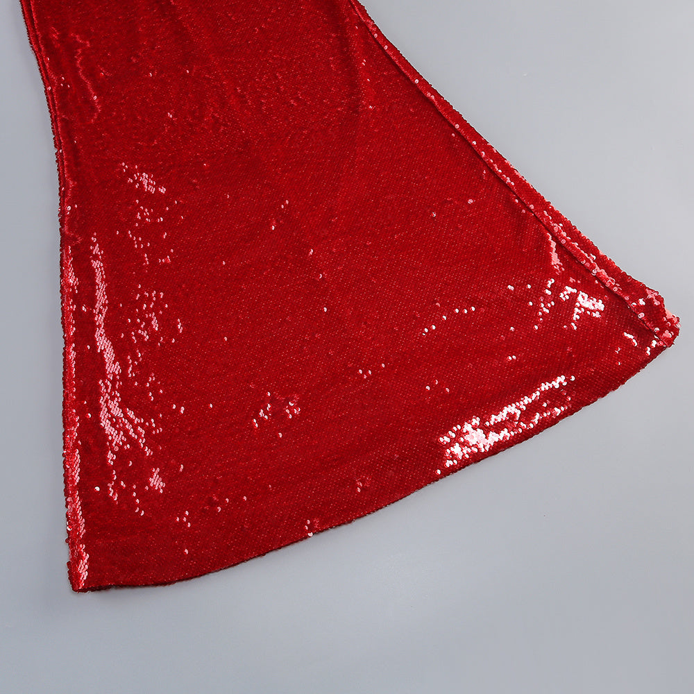 【Party & Event】 Maxi Mermaid Sequin Polyester Sexy V-Neck Satin Spliced Dress - MYTHSIS