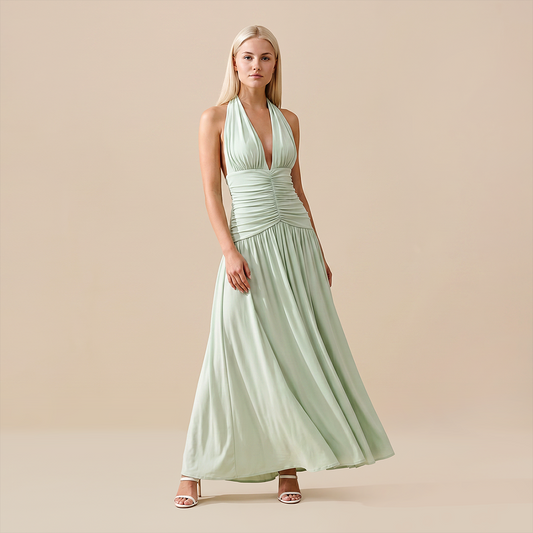 Casual Everyday Maxi A-Line Polyester Chic Halter Neck Solid Sleeveless Dress - Wholesale Dresses Low MOQ - MYTHSIS
