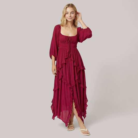 U-neck ruffled lace patchwork slit long skirt