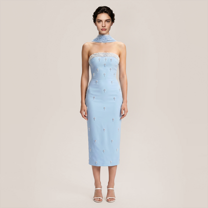 【Wedding Guest】 Maxi Bodycon Knit Glam Straight Neck Beaded Mesh Dress - MYTHSIS