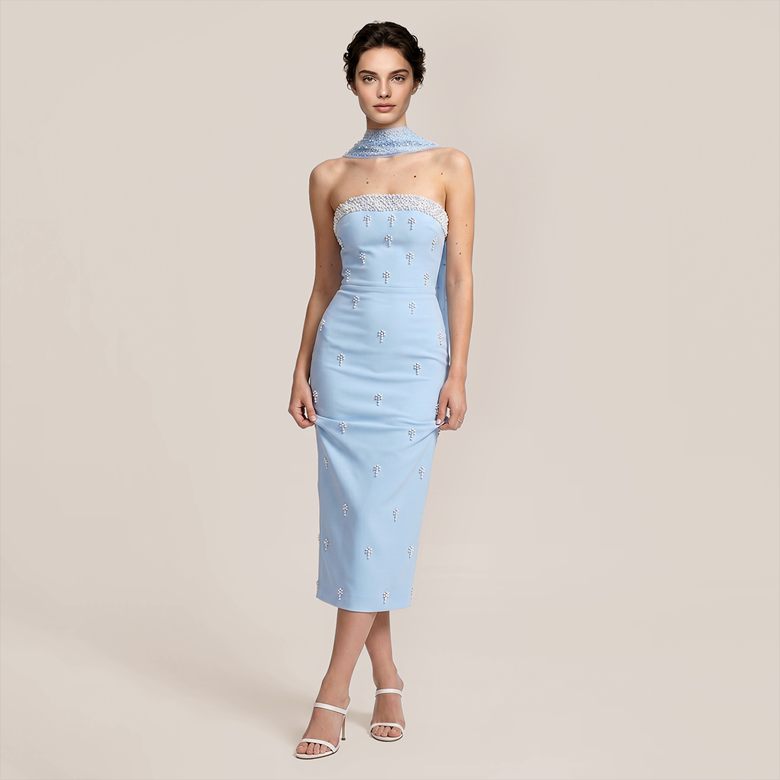 【Wedding Guest】 Maxi Bodycon Knit Glam Straight Neck Beaded Mesh Dress - MYTHSIS
