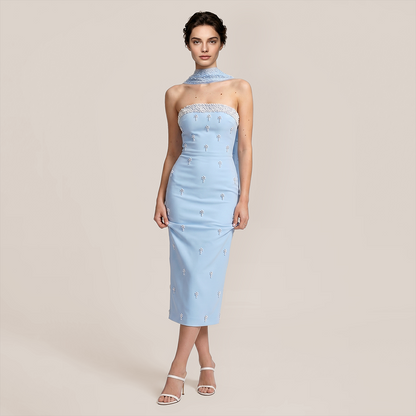 Wedding Guest Maxi Bodycon Mesh Glam Strapless Rhinestone Bandage Dress - MYTHSIS