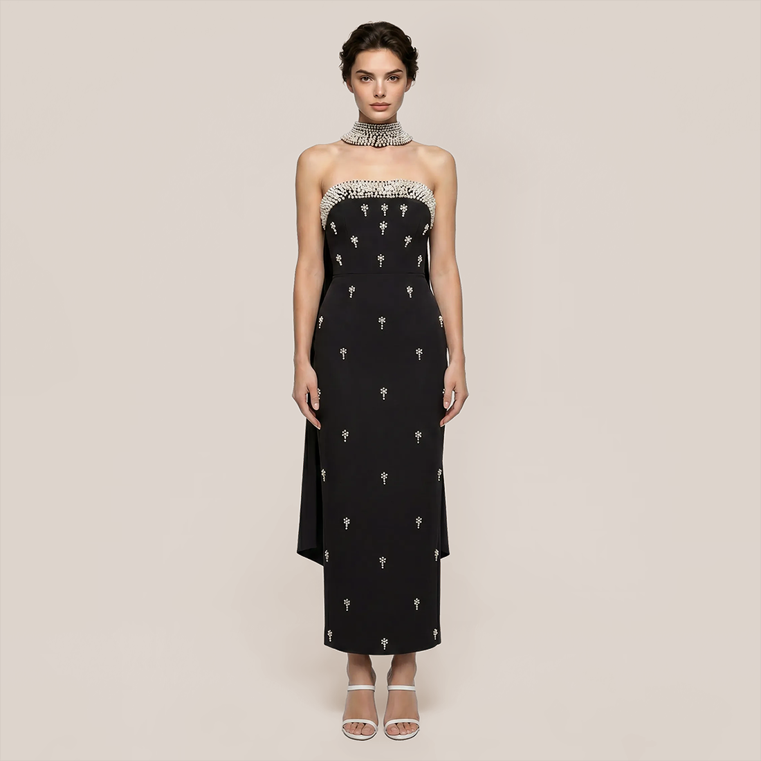 【Wedding Guest】 Maxi Bodycon Knit Glam Straight Neck Beaded Mesh Dress - MYTHSIS