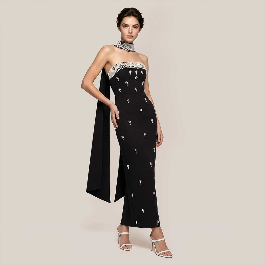 【Wedding Guest】 Maxi Bodycon Knit Glam Straight Neck Beaded Mesh Dress - MYTHSIS