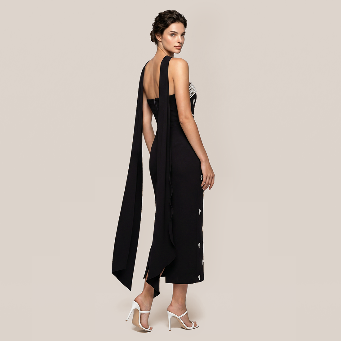【Wedding Guest】 Maxi Bodycon Knit Glam Straight Neck Beaded Mesh Dress - MYTHSIS