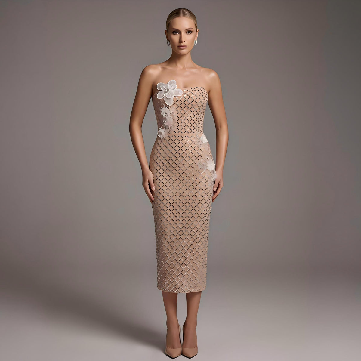 Wholesale Women's Apricot Embellished Strapless Mesh Bodycon Gown