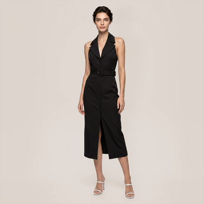 Work & Office Maxi Bodycon Viscose Chic Notched Lapel Slit Dress - MYTHSIS