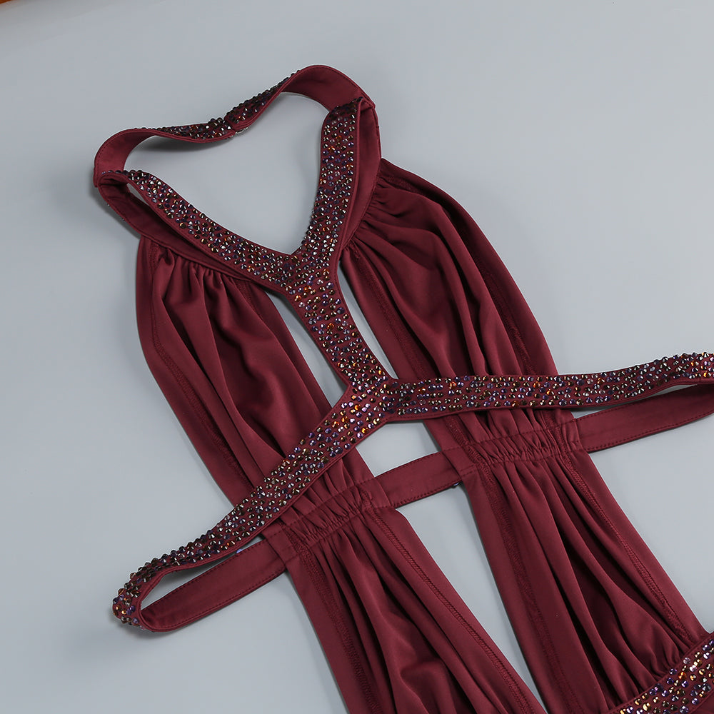 Wholesale Women's Magenta Halter Mini Dress – Crystal Cutout Ruched Bodycon