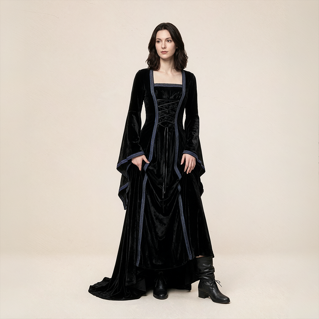 Wholesale Women's Medieval Hooded Velvet Long Costume Dress
