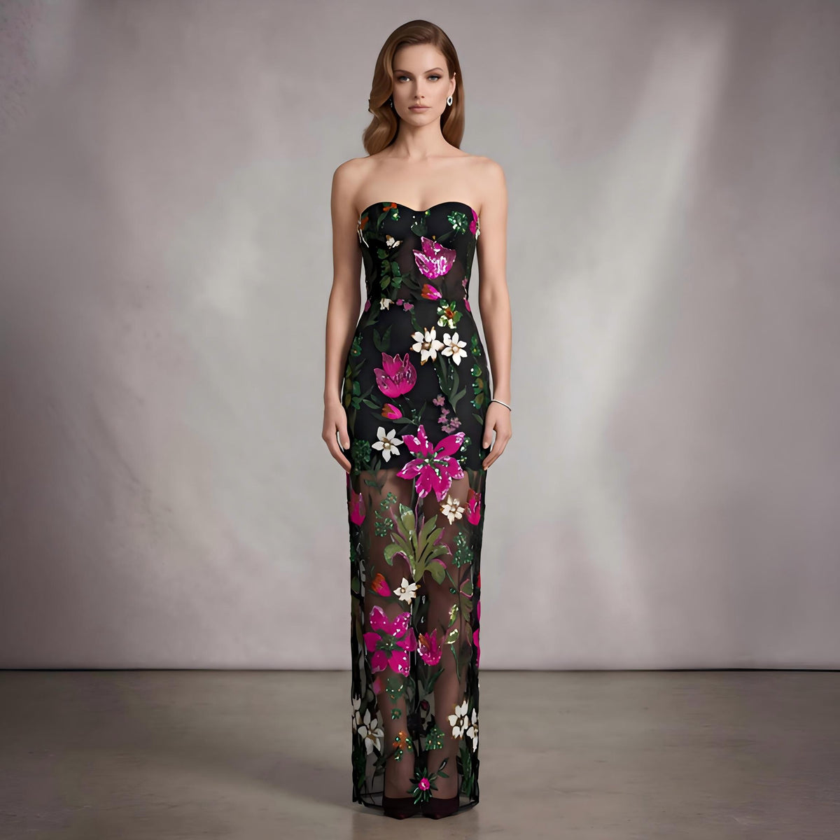 Wholesale Women's Floral Sequin Strapless Maxi Dress – Mesh Panel Evening