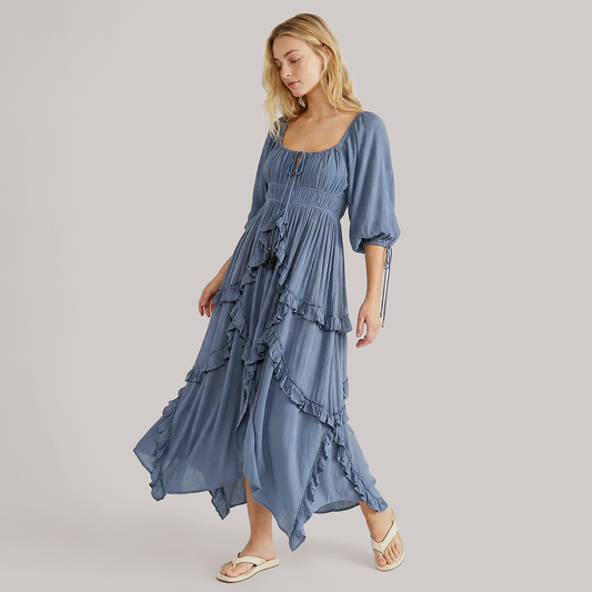 U-neck ruffled lace patchwork slit long skirt