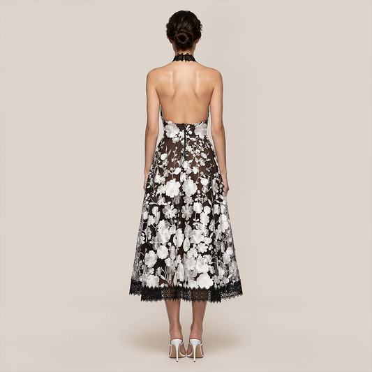 Date Night Maxi A-Line Polyester Sexy 3D Floral Open Back Dress - MYTHSIS