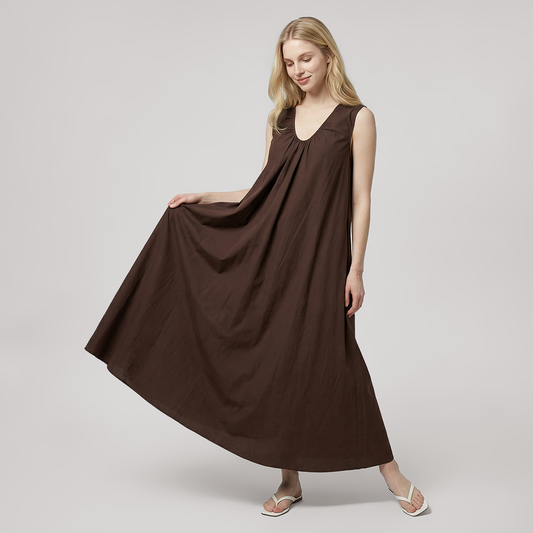 Casual Maxi A-Line Cotton Casual U-Neck Solid Sleeveless Smocked Dress - MYTHSIS
