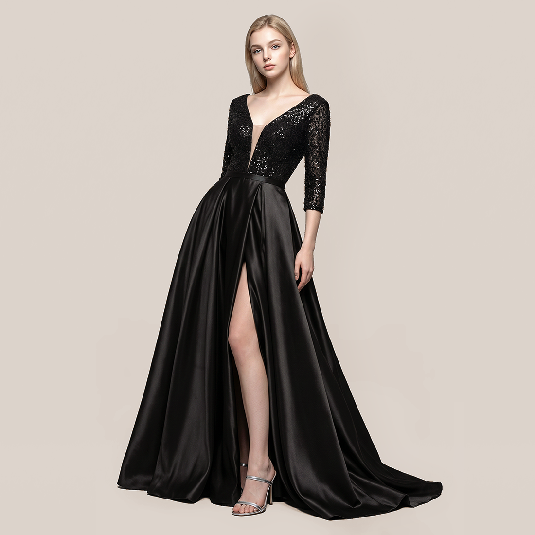 Formal Evening Maxi A-Line Lace Sequin Glam Dress - MYTHSIS