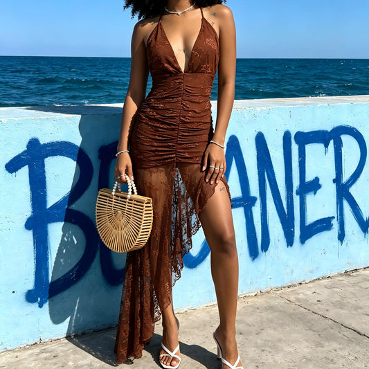 Wholesale Women's Lace Halter Maxi Dress – Asymmetric Hem Fitted
