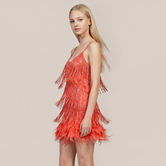 Party & Event Mini Bodycon Sequin Feather Trim Dress - MYTHSIS