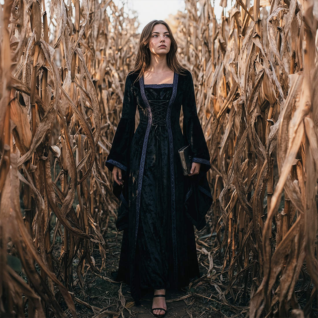 Wholesale Women's Medieval Hooded Velvet Long Costume Dress