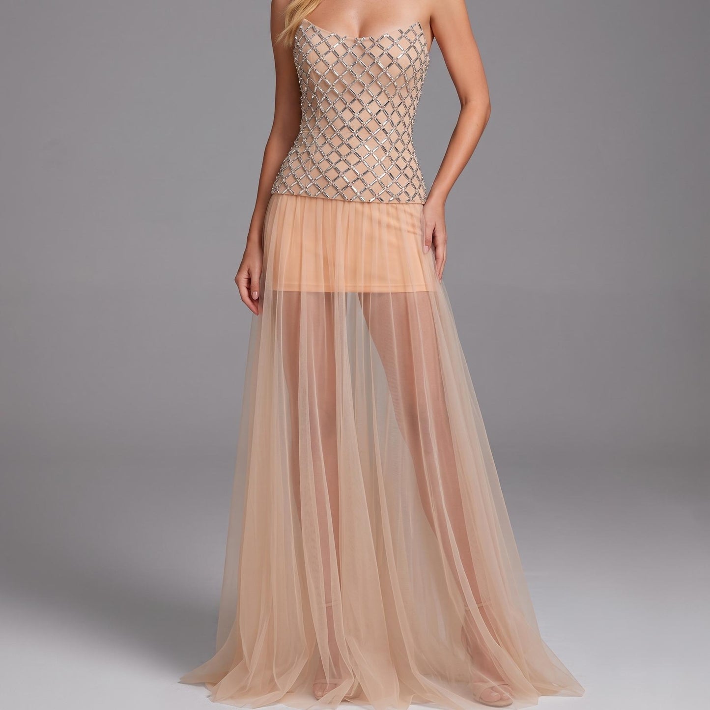 【Party & Event】 Maxi Sheath Polyester Sexy Straight Neck Rhinestone Mesh Spliced - MYTHSIS