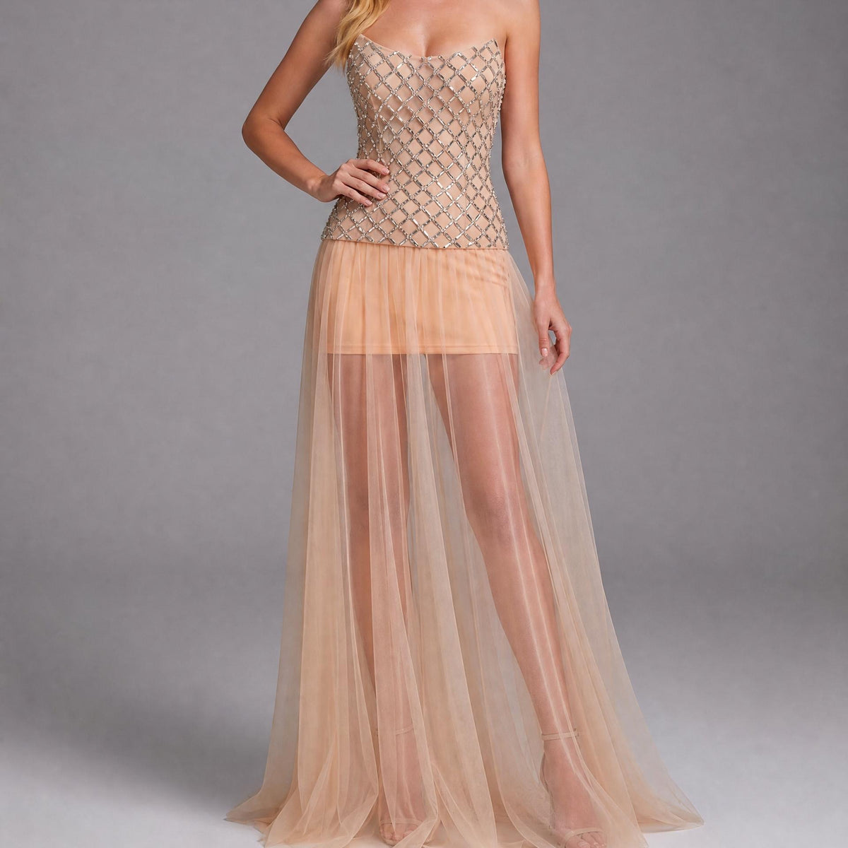 【Party & Event】 Maxi Sheath Polyester Sexy Straight Neck Rhinestone Mesh Spliced - MYTHSIS