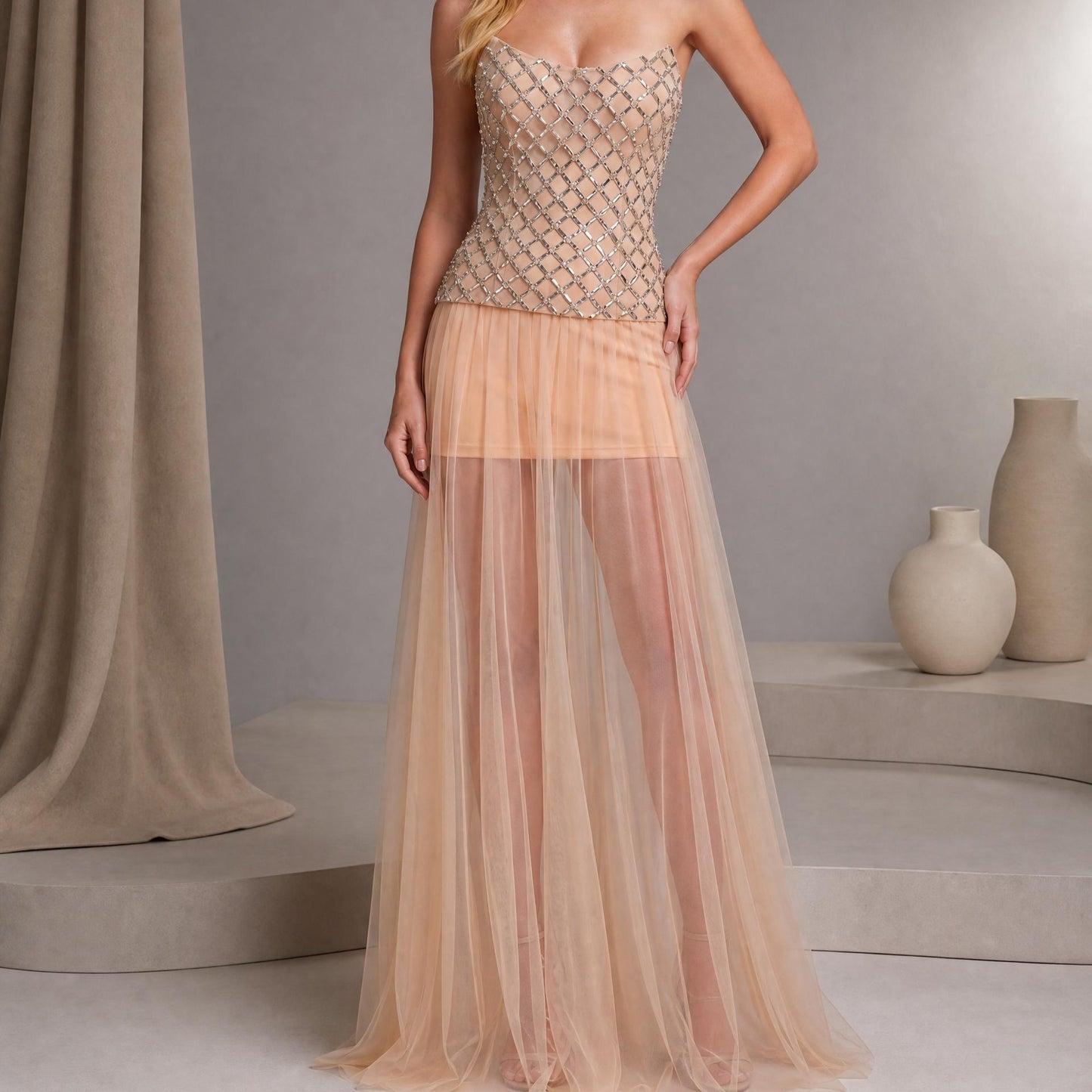 【Party & Event】 Maxi Sheath Polyester Sexy Straight Neck Rhinestone Mesh Spliced - MYTHSIS