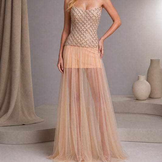 【Party & Event】 Maxi Sheath Polyester Sexy Straight Neck Rhinestone Mesh Spliced - MYTHSIS