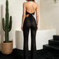 【Party & Event】 Slim Fit Polyester Elegant Halter Rhinestone Wide-Leg Two-Piece Pants Set - MYTHSIS