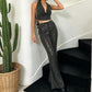 【Party & Event】 Slim Fit Polyester Elegant Halter Rhinestone Wide-Leg Two-Piece Pants Set - MYTHSIS