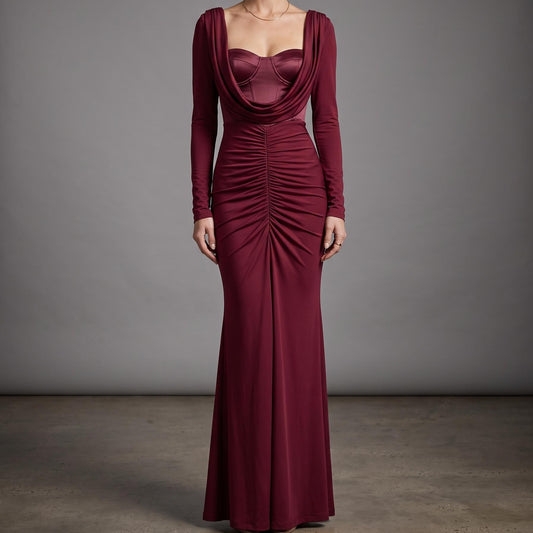 【Party & Event】 Maxi Sheath Polyester Sexy Cowl Neck Ruched Long Sleeve Dress - MYTHSIS