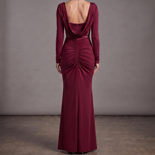 【Party & Event】 Maxi Sheath Polyester Sexy Cowl Neck Ruched Long Sleeve Dress - MYTHSIS