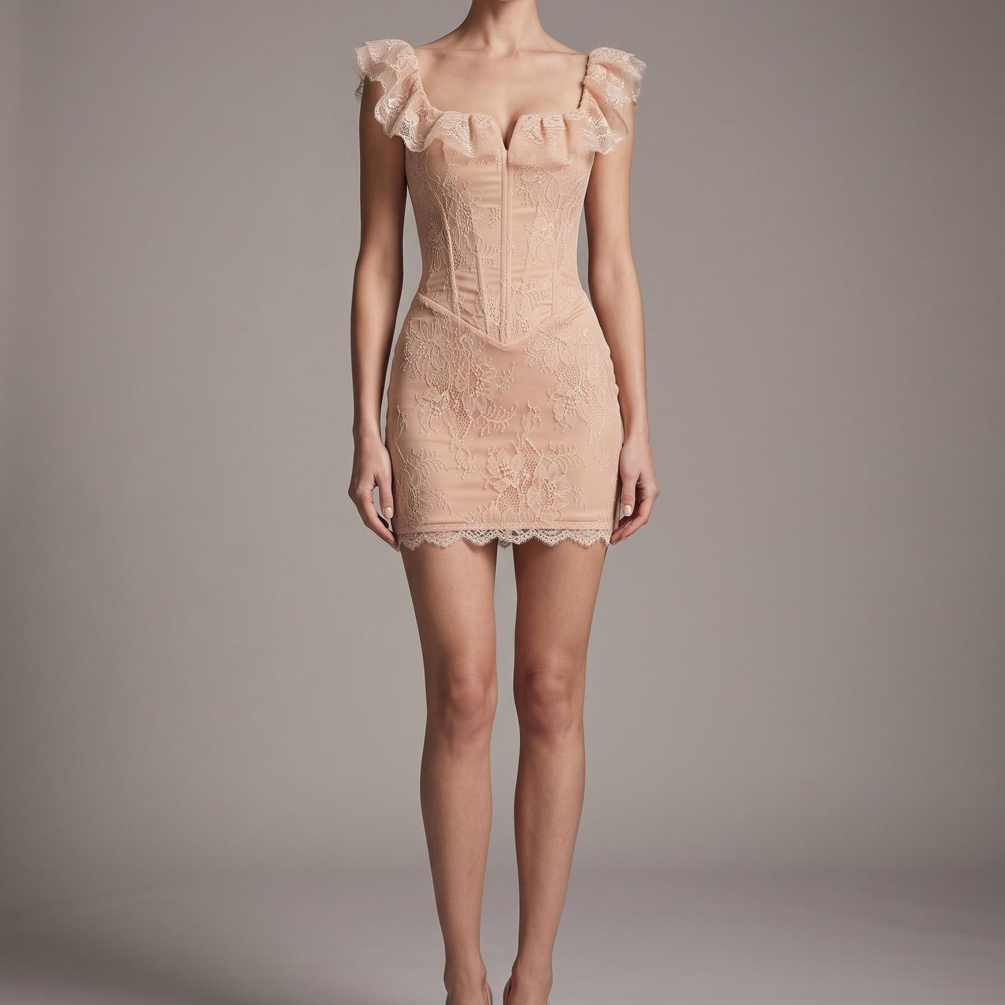 【Party & Event】 Mini Bodycon Polyester Sexy Round Neck Ruffle Mesh Spliced - MYTHSIS