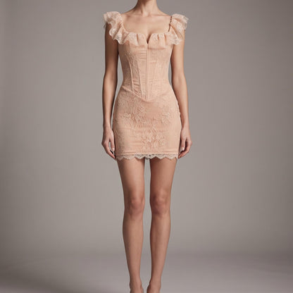 【Party & Event】 Mini Bodycon Polyester Sexy Round Neck Ruffle Mesh Spliced - MYTHSIS