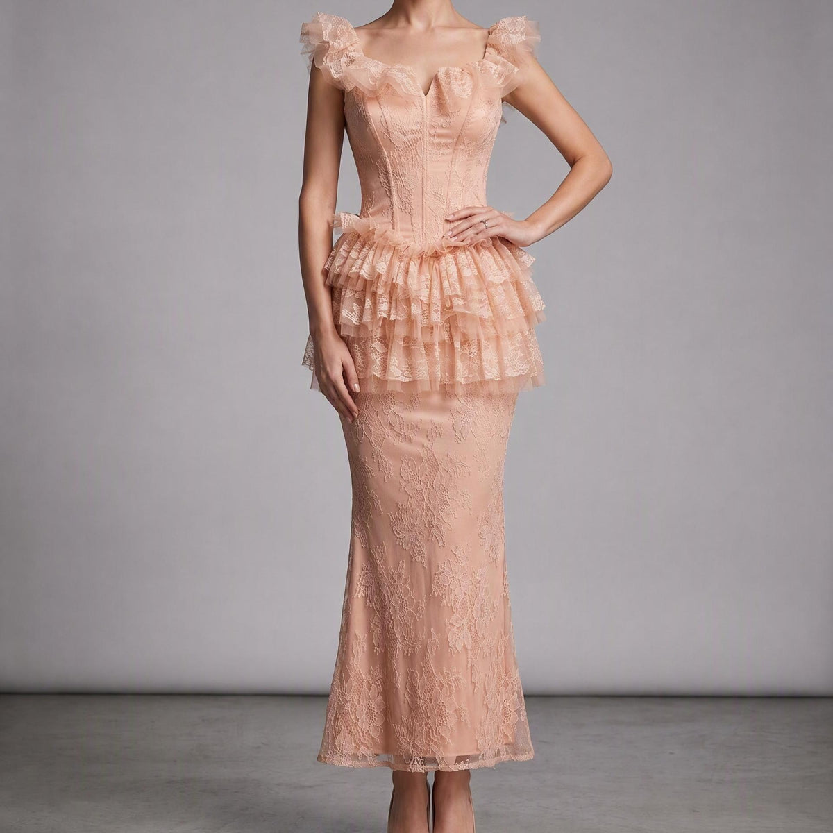 【Party & Event】 Maxi Slim Fit Polyester Sexy Square Neck Ruffle Spliced Two-Piece Skirt Set - MYTHSIS