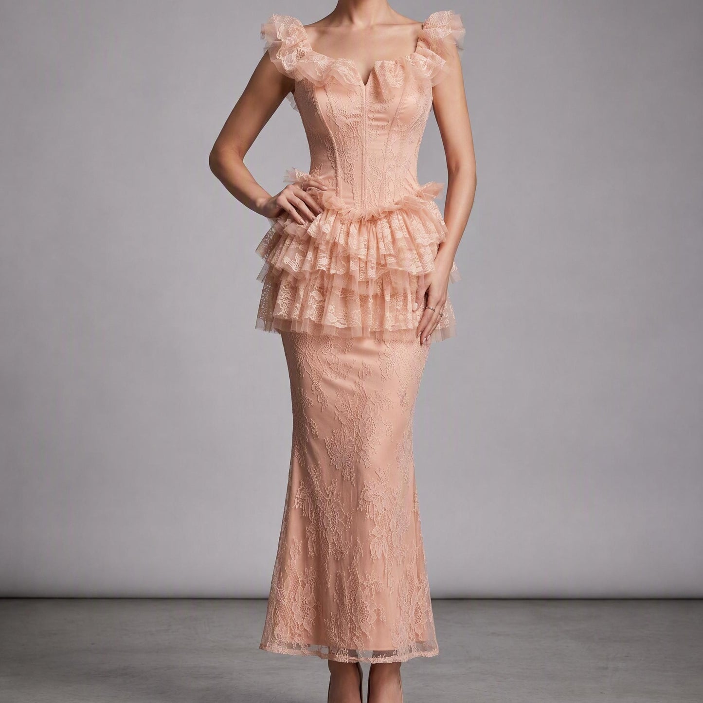 【Party & Event】 Maxi Slim Fit Polyester Sexy Square Neck Ruffle Spliced Two-Piece Skirt Set - MYTHSIS