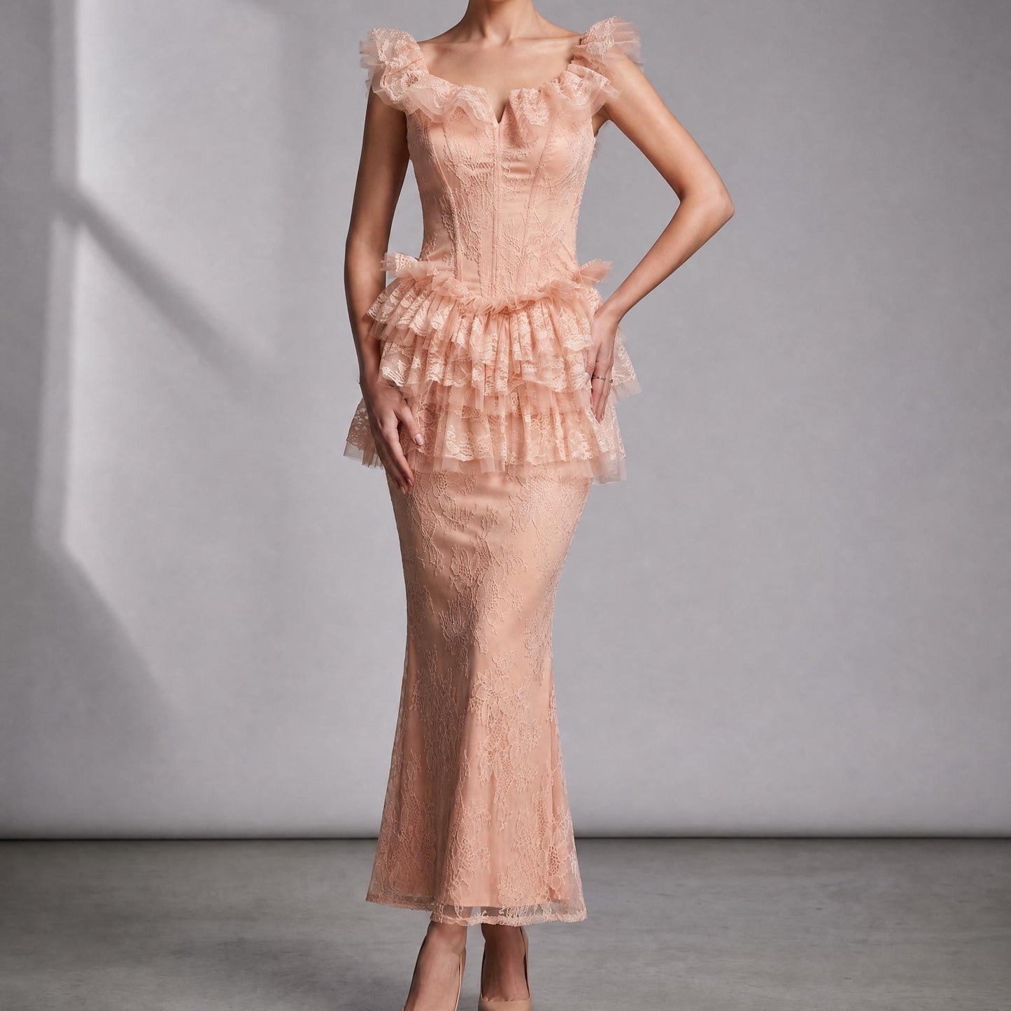 【Party & Event】 Maxi Slim Fit Polyester Sexy Square Neck Ruffle Spliced Two-Piece Skirt Set - MYTHSIS