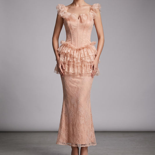 【Party & Event】 Maxi Slim Fit Polyester Sexy Square Neck Ruffle Spliced Two-Piece Skirt Set - MYTHSIS