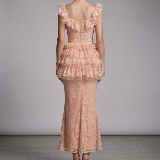 【Party & Event】 Maxi Slim Fit Polyester Sexy Square Neck Ruffle Spliced Two-Piece Skirt Set - MYTHSIS