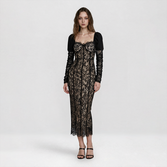 【Party & Event】 Maxi Mermaid Polyester Triacetate Sexy Square Neck Cutout Rhinestone Puff Sleeve Dress - MYTHSIS